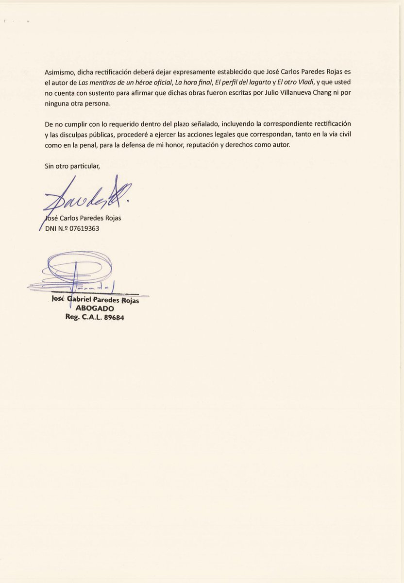 cparedesr's tweet photo. Acabo de enviarles sus respectivas cartas notariales a los activistas políticos o streamers (o lo que sean) Carlos León Moya, alias @contracultural, y Marco Sifuentes Quintana, alias @ocram. A ambos sujetos les estoy dando 24 horas para que muestren las pruebas de la temeraria y difamatoria aseveración que hicieron sobre la autoría de mis 4 libros el domingo pasado. Si no prueban su dicho (difamación agravada), deberán rectificarse públicamente. Sí, como calculo, no van a tener las pelotas para responder, lo harán en el Poder Judicial. Después no estén llorando “persecución de Keiko Fujimori”. 

PD pueden contratar al Riverita @IDL_Rivera para que los defiende. Será un gusto ganarle otra vez.
#LavaChato