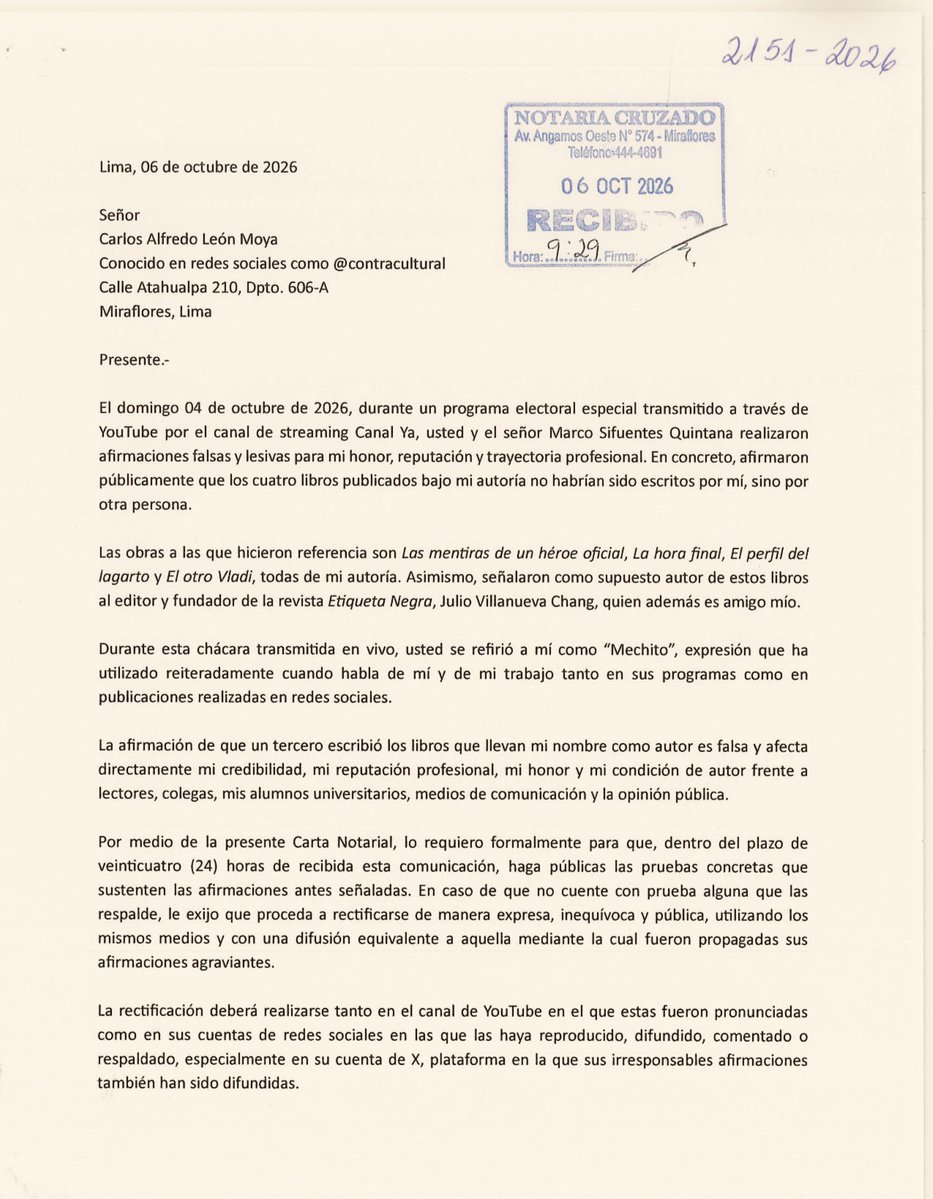 cparedesr's tweet photo. Acabo de enviarles sus respectivas cartas notariales a los activistas políticos o streamers (o lo que sean) Carlos León Moya, alias @contracultural, y Marco Sifuentes Quintana, alias @ocram. A ambos sujetos les estoy dando 24 horas para que muestren las pruebas de la temeraria y difamatoria aseveración que hicieron sobre la autoría de mis 4 libros el domingo pasado. Si no prueban su dicho (difamación agravada), deberán rectificarse públicamente. Sí, como calculo, no van a tener las pelotas para responder, lo harán en el Poder Judicial. Después no estén llorando “persecución de Keiko Fujimori”. 

PD pueden contratar al Riverita @IDL_Rivera para que los defiende. Será un gusto ganarle otra vez.
#LavaChato