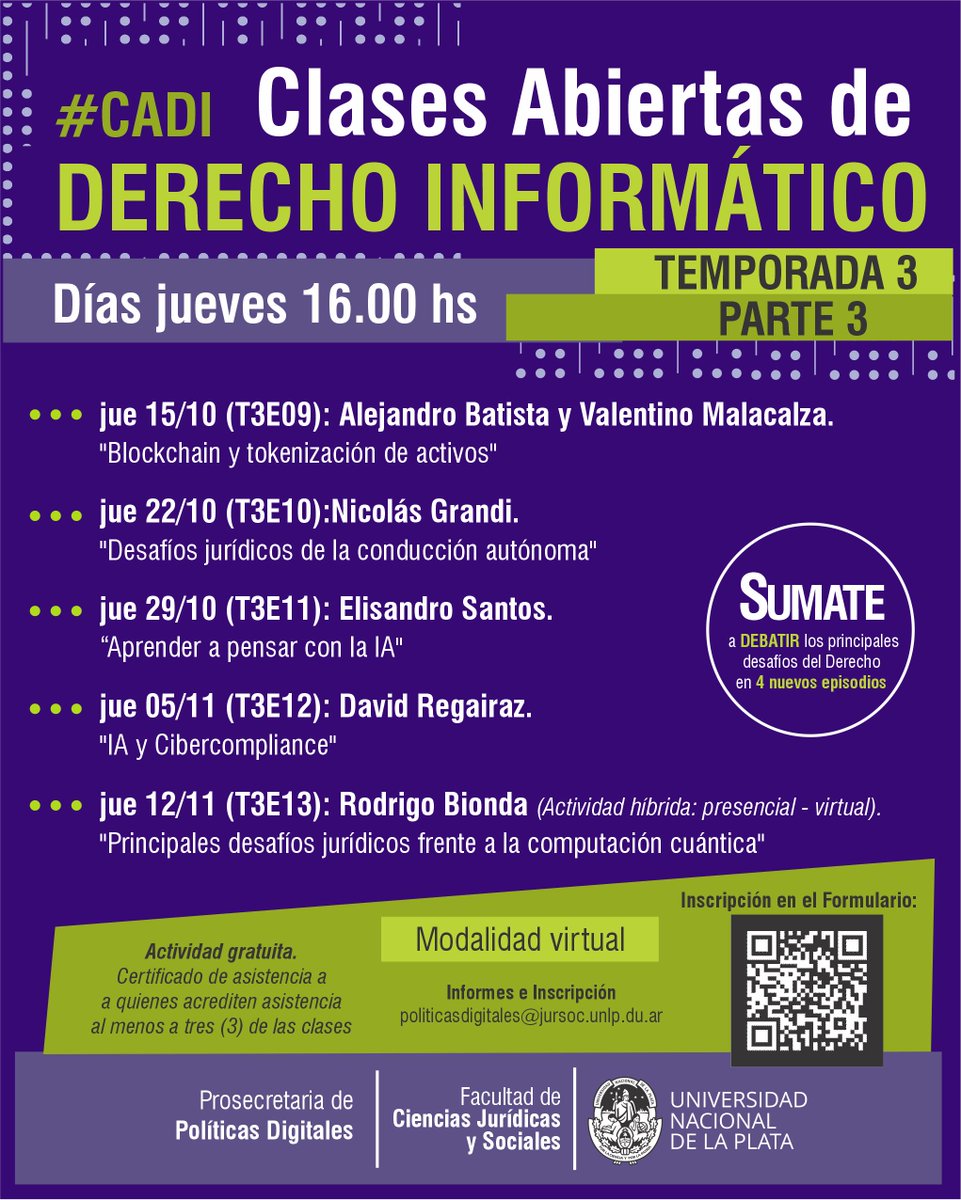 batista1088's tweet photo. 🤖La semana próxima comenzamos con otros cinco nuevos episodios de nuestro Ciclo de Clases Abiertas de Derecho Informático #CADI en la FCJyS de la @unlp, sumate a la conversación sobre los principales desafíos actuales del derecho.
👉https://t.co/MNrcZDxZqG https://t.co/sojNh0zXWR
