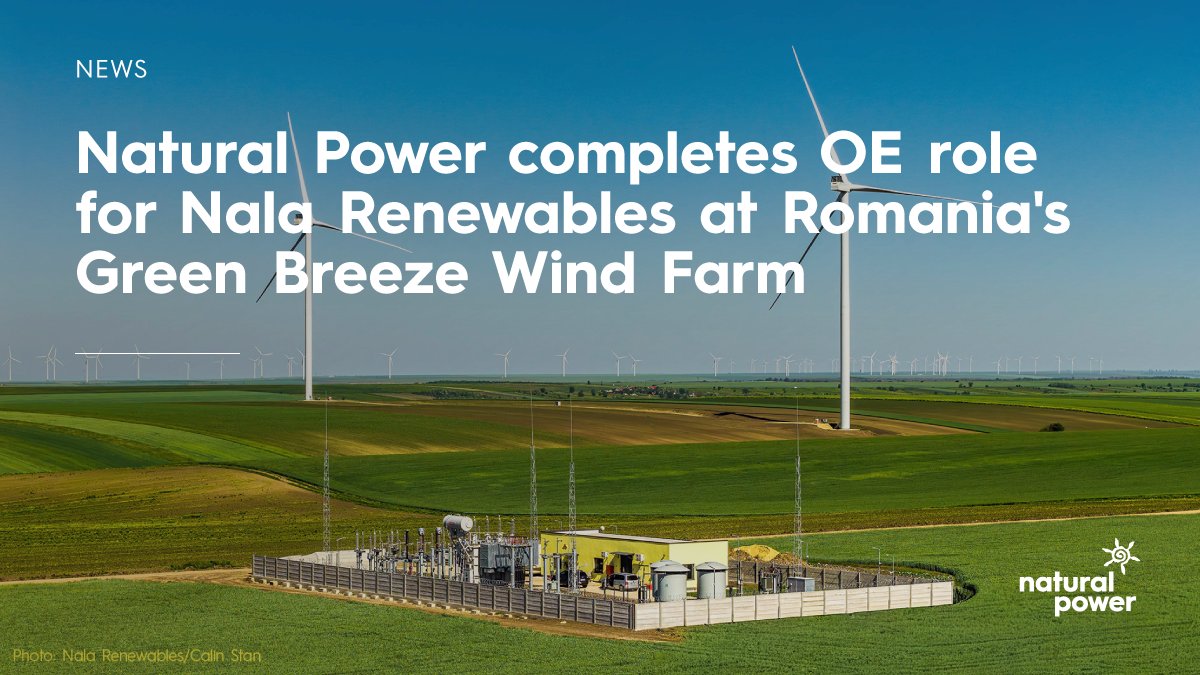 Natural_Power's tweet photo. Green Breeze Wind Farm is now fully operational in Romania. 🇷🇴 We supported Nala Renewables as owner’s engineer throughout construction of the 99.2 MW project, helping deliver its largest project to date. Read more: https://t.co/jegIQkjBm3 https://t.co/uGYHmsbRW3
