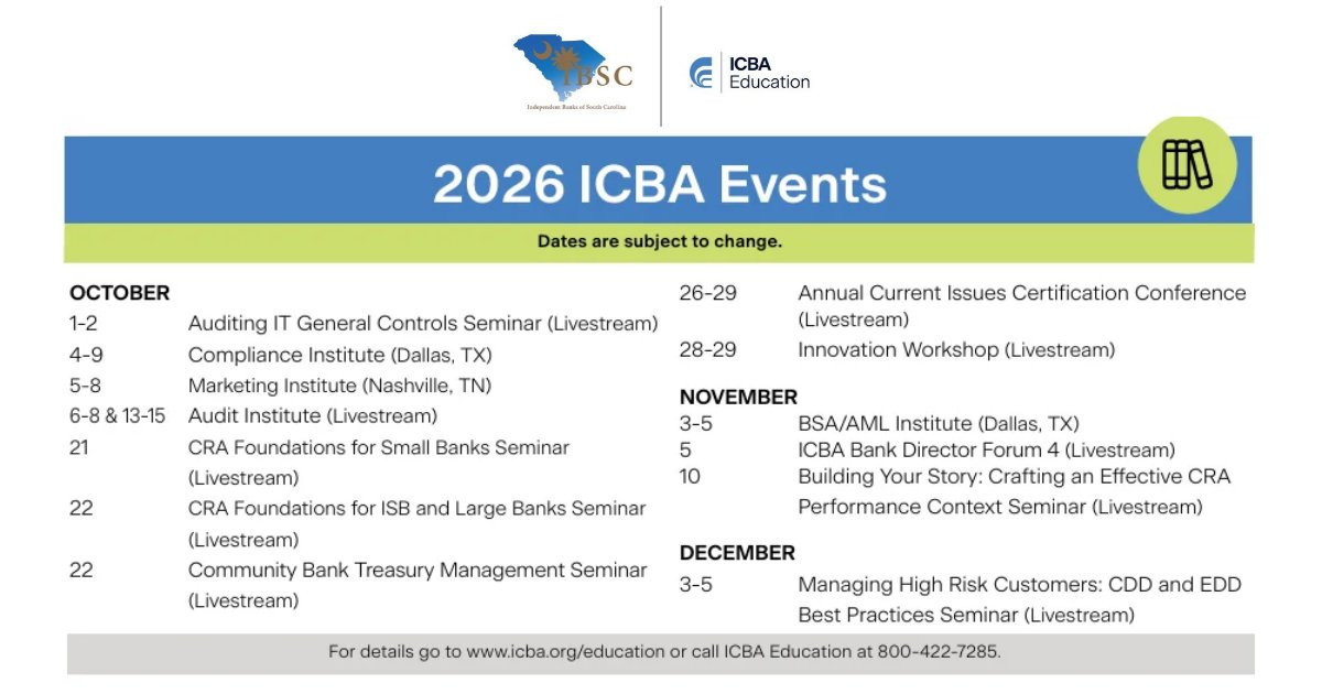 IBofSC's tweet photo. @followers Don't miss these October education opportunities, brought to you by @IBSC and @ICBA! Learn more by visiting our website at: https://t.co/reizlFBClZ https://t.co/U5LIXwBcu9