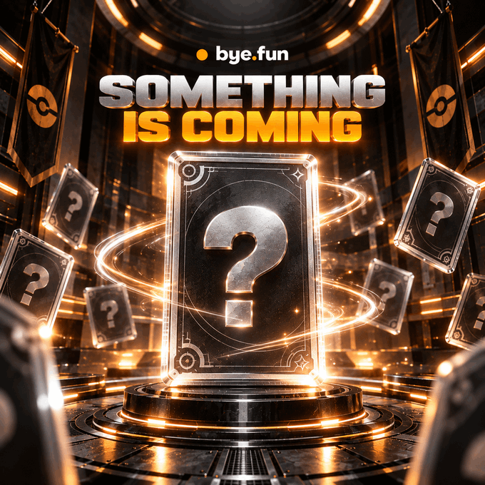 bye.fun promotional graphic with the text 'SOMETHING IS COMING' displayed around a glowing question mark card with floating mystery cards.