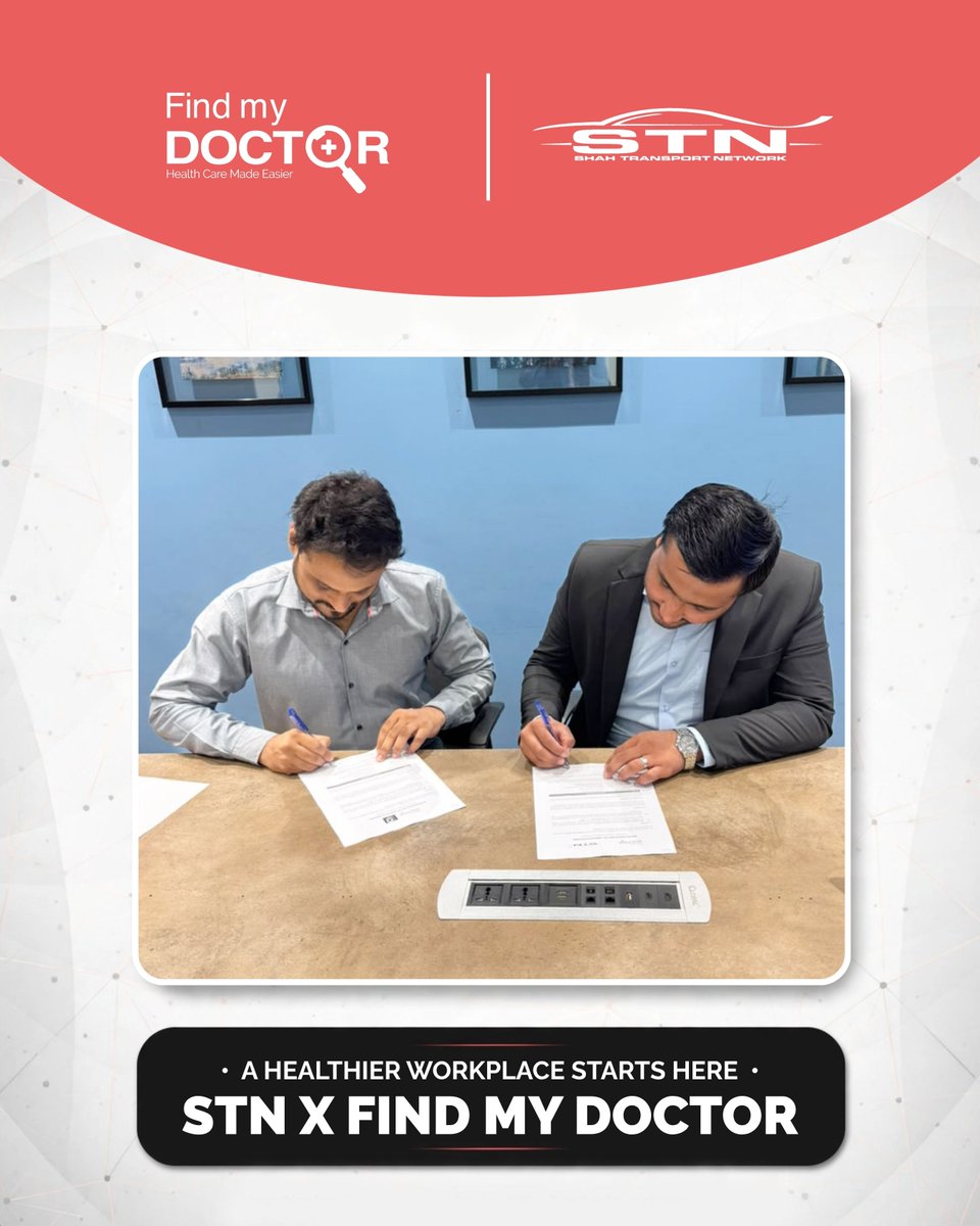 FindMyDoctorPAK's tweet photo. A healthier workplace starts with better access to healthcare.
Find My Doctor and STN have signed an MoU to bring accessible healthcare and essential health services to STN's employees, all in one place.
#FindMyDoctor #STN #Collaboration #EmployeeWellness #HealthcareServices https://t.co/2215V8Lils