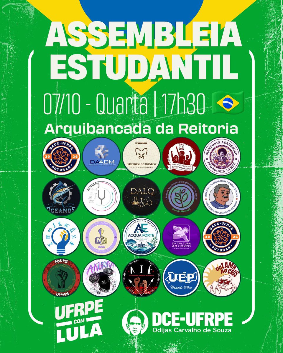 limeriques's tweet photo. A  UNIVERSIDADE É NOSSA E A NOSSA VOZ PRECISA SER OUVIDA 

📅 07/10 (quarta-feira)
⏰ 17h30
📍 Arquibancada, em frente à Reitoria — UFRPE Recife

A universidade se faz com participação. Amanhã, a gente se encontra! ❤️✊🏽
#MovimentoDia11 #Eleiçoes2026 https://t.co/GNzsJlRLzX