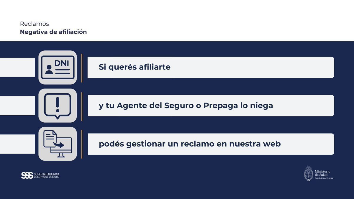 SSSALUD's tweet photo. Gestioná tu denuncia por negativa de afiliación en nuestro sitio web 👇🏻
https://t.co/SlDHjsgN7M https://t.co/e4tjcVYB0R