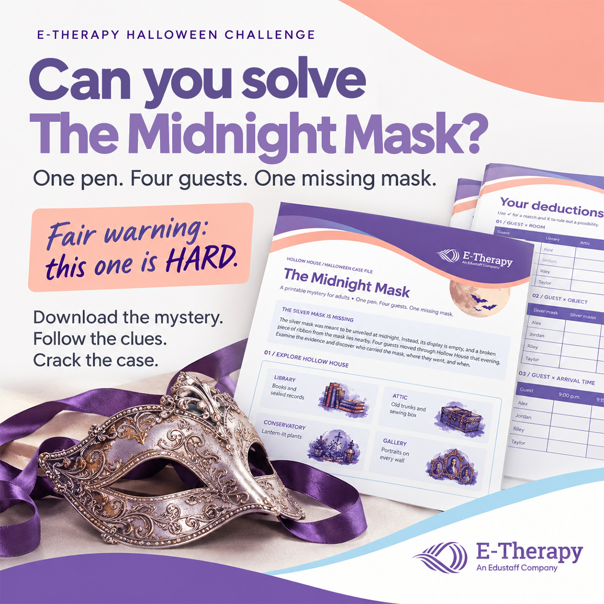 etherapyexperts's tweet photo. 🎭 Think you can solve The Midnight Mask?
 
One missing mask. Four guests. A trail of clues.
 
Download the mystery, follow the evidence &amp; crack the case.

🎃 https://t.co/em7Qin4X5h
 
Solved it? Let us know - no spoilers!

#TheMidnightMask #HalloweenChallenge https://t.co/OBKrjHqedi