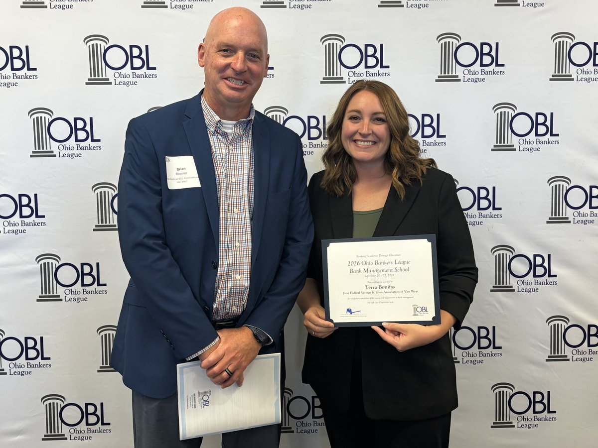 FirstFedVW's tweet photo. “Thankful to the #OBL for offering such a great program and thankful to #firstfederalofvanwert for believing in me and challenging me to continue growing! ”
– Terra Bonifas, Chief Administrative Officer

#ohiobankersleague #managementschool #congratulations https://t.co/m3udrprGdm