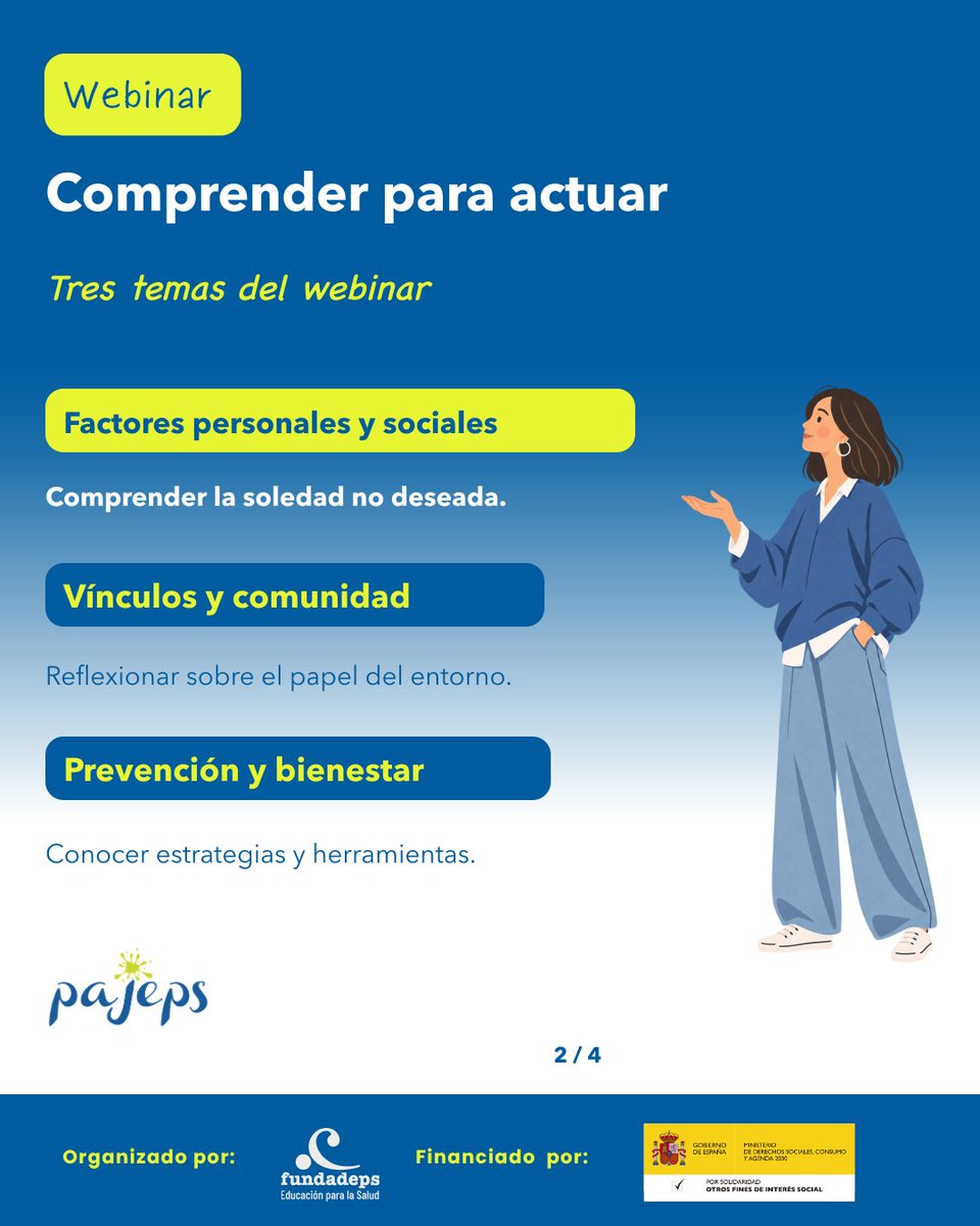 FUNDADEPS's tweet photo. Webinar PAJEPS: soledad no deseada en jóvenes.
21 octubre · 17–20 h · Online gratuito.
Inscripción: link en bio y https://t.co/WF9ckZniyv

Financia: Ministerio de Derechos Sociales, Consumo y Agenda 2030 (@MSocialGob).
#PAJEPS https://t.co/FhNsDbZigq
