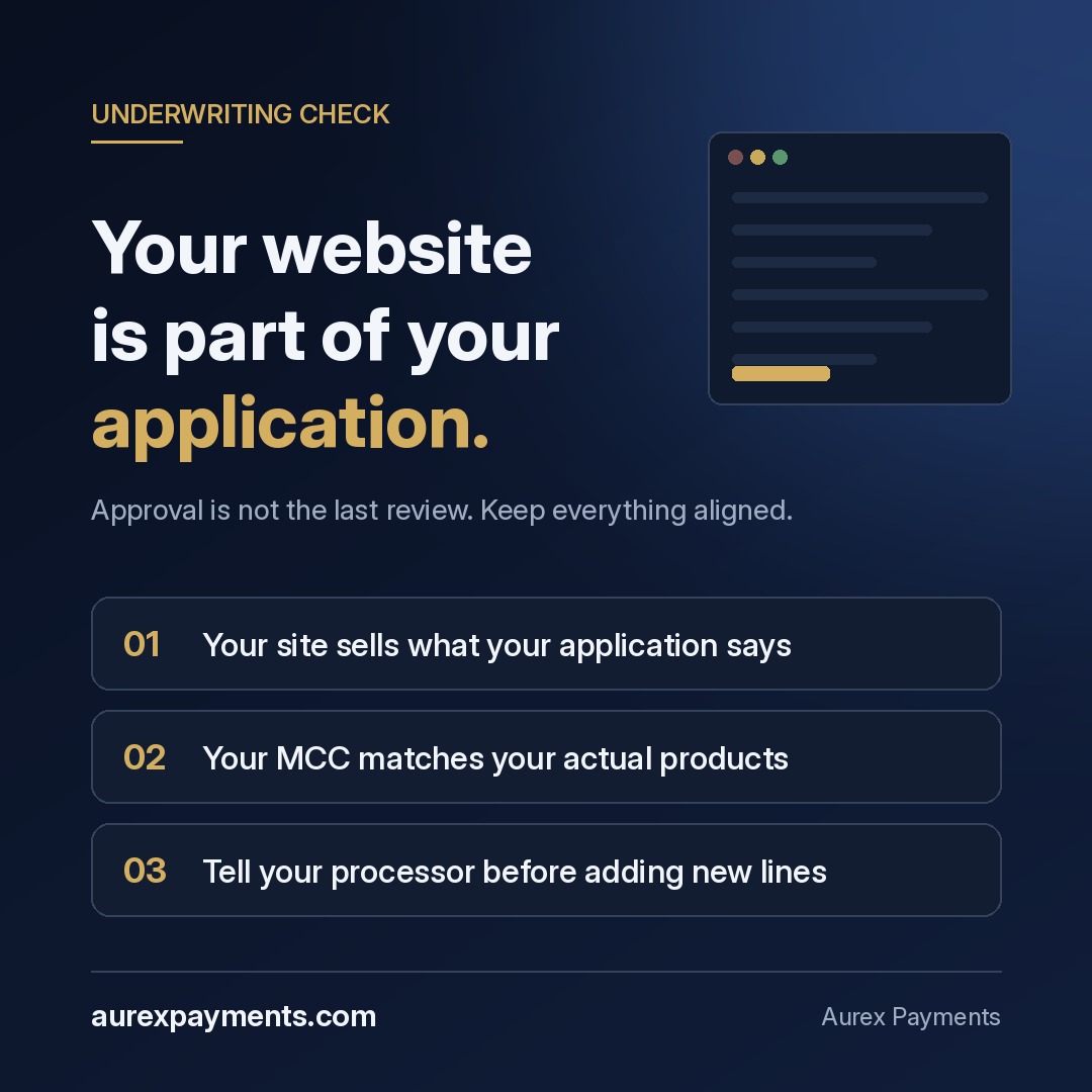 Aurexpayments's tweet photo. Underwriters increasingly scan your website, not just your application: does your MCC match what you sell, are your policies visible, did you add products they don't know about?

Approval isn't the last review. Keep your site, MCC and products aligned.

https://t.co/6GtuKoTgCP https://t.co/8poWoE97xf