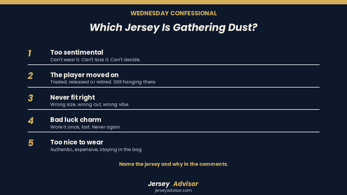 JerseyAdvisor1's tweet photo. Confession: which jersey is gathering dust in your closet, and why?

1️⃣ Too sentimental
2️⃣ The player moved on
3️⃣ Never fit right
4️⃣ Bad luck charm
5️⃣ Too nice to wear

Name the player below.

https://t.co/4x1lcscOcT https://t.co/e2PAugSYbu