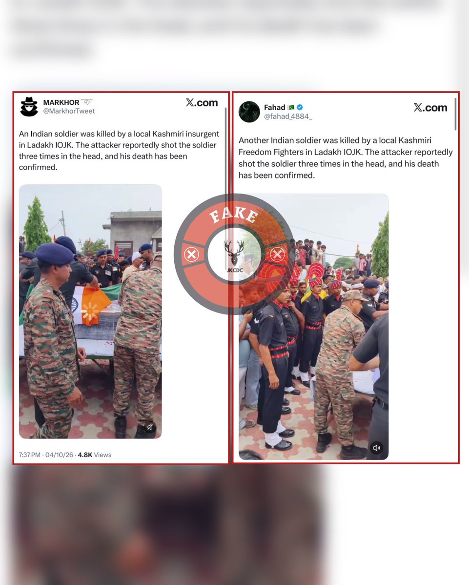 JKCDC_'s tweet photo. Fake News Alert 🚨

Fake News is being circulated by Pakistan-based propaganda accounts claiming “an Indian soldier was killed by a local #Kashmiri militant in Ladakh” 

#Fact: This claim is completely FAKE. The video being circulated is old and unrelated to any recent incident in Ladakh. (1/2)