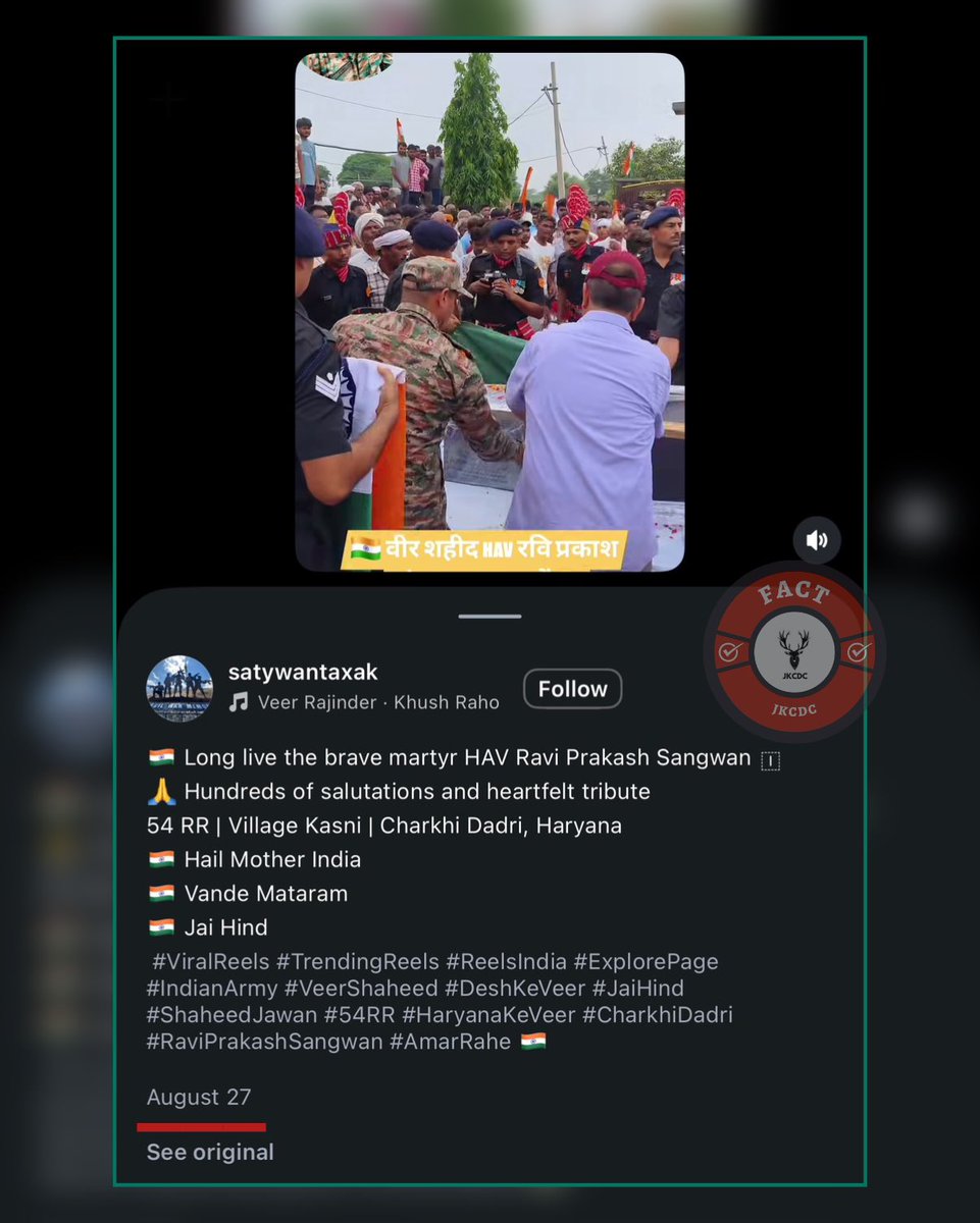 JKCDC_'s tweet photo. Fake News Alert 🚨

Fake News is being circulated by Pakistan-based propaganda accounts claiming “an Indian soldier was killed by a local #Kashmiri militant in Ladakh” 

#Fact: This claim is completely FAKE. The video being circulated is old and unrelated to any recent incident in Ladakh. (1/2)
