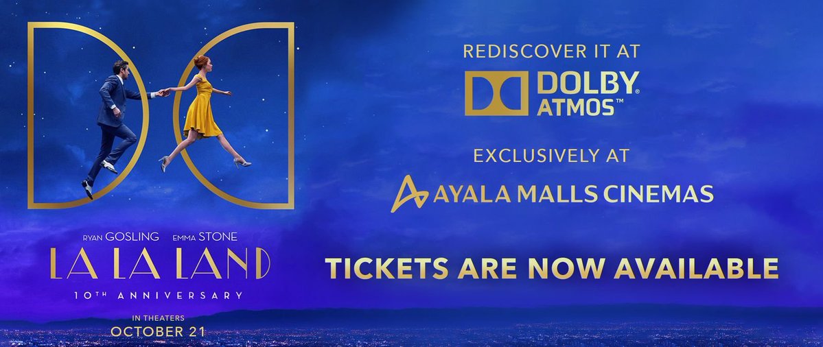 richardmz13's tweet photo. LOOK: LA LA LAND is coming exclusively at Dolby Atmos Cinemas of Ayala Malls from October 21–27, 2026 for its 10th anniversary

Special Ticket Price of ₱180

See the romance. Feel the music. Rediscover the magic. https://t.co/yhuDMAtxZv