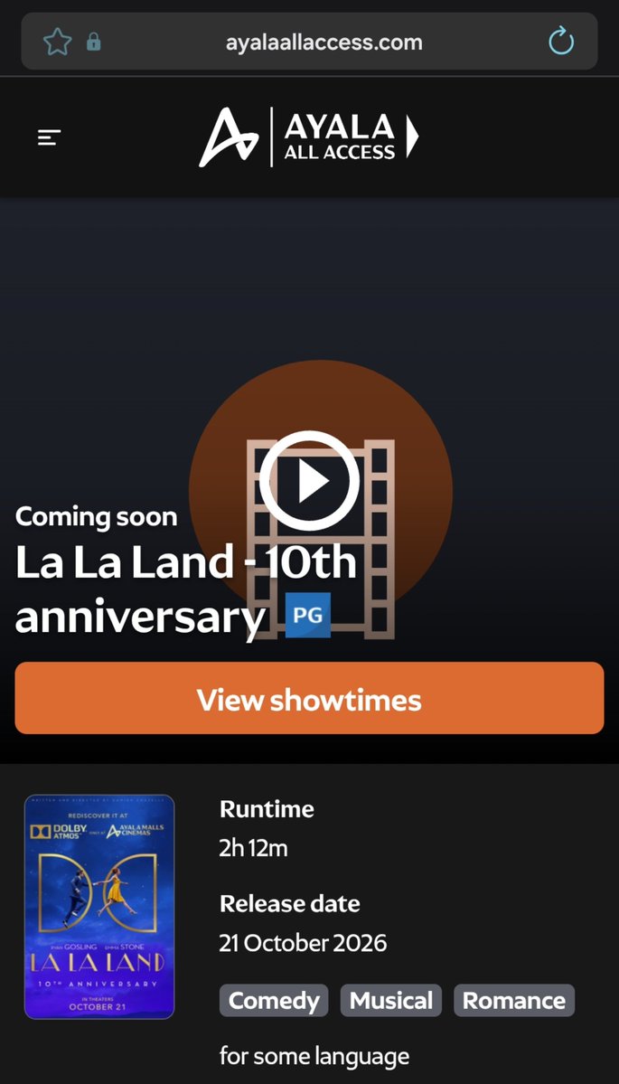 richardmz13's tweet photo. LOOK: LA LA LAND is coming exclusively at Dolby Atmos Cinemas of Ayala Malls from October 21–27, 2026 for its 10th anniversary

Special Ticket Price of ₱180

See the romance. Feel the music. Rediscover the magic. https://t.co/yhuDMAtxZv
