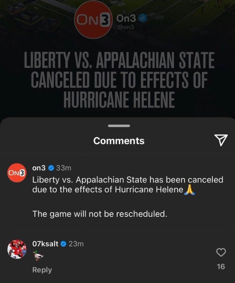 KatsOnTop's tweet photo. Never forget when former Liberty QB Kaidon Salter called out App state for ducking a game using the ๐ฆ emoji after a category 4 Hurricane landed in North Carolina.
This is the culture of Liberty Football. Salter is now a backup QB in the CFL. https://t.co/lzu9YUmQvF