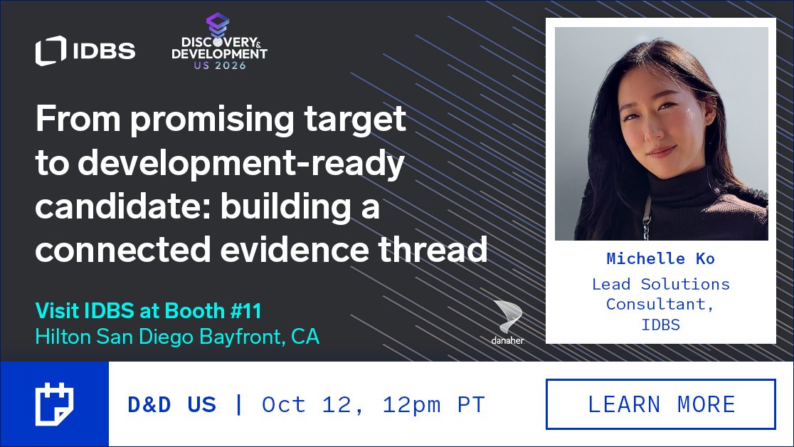 IDBSsoftware's tweet photo. Drug discovery generates large volumes of data. Too often, the scientific context behind key decisions gets fragmented or lost.

That's the challenge Michelle Ko will tackle at Discovery &amp; Development US 2026.

Connect with us at the event: https://t.co/GMO0MGQBCF

#DDUS2026 https://t.co/BqhD4lRdkv
