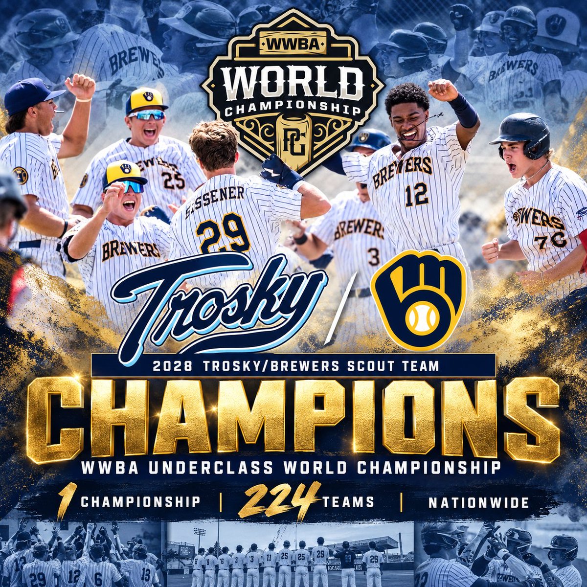 CoachRuiz_TN's tweet photo. WORLD CHAMPIONS!
224 TEAMS. ONE CHAMPION.

Congratulations to our 2028 Trosky Milwaukee Brewers Scout Team on winning the @PerfectGameUSA WWBA Underclass World Championship!
8-0 on the week, only trailed ONCE at the end of a full inning.

* TOURNAMENT MVP - Dayton Kellner * @DaytonK916 was a difference-maker throughout the championship run, making an impact both offensively and with his defense at 1B.
Finished with a 1.330 OPS on the week, 10 R and 6 RBI

MOST VALUABLE PITCHER - MARK DOUGLAS
@MDouglas2028 was dominant when the team needed him most. Throwing 5 2/3 IP across 2 outings, 51 total pitches, punched out 7 and did not allow a single base runner. 

* OTHER TOURNAMENT STANDOUTS
@KashSissener29 - 10-22 on the tournament with 10 barrels over 90+ EV, 9 RBIs, 4 XBH and undoubtedly the biggest swing of the tournament taking a 90mph 2 strike FB to dead center for a 420' game tying 3 run homer late in the quarterfinals.

@CodyMcLean2009 - Consistently impactful on both sides of the ball, including a 3-for-3 performance and a home run. McLean finished hitting .444 through 8 games while playing stellar defense and flashing and elite FB/SL combo on the mound where he ran it up to 91mph

@JacksonSpence22 - Dominant on the mound and at the plate, including 5 strikeouts in 3 innings in the semifinals and a
2-double performance earlier in the playoffs.

@CruzAdams_5- Delivered a dominant 4-inning, 5-strikeout performance in the opening playoff game while supplying a no doubt 3 run HR as well

@MaddoxN99173 - Dominant on the mound upper 80s, touching 90 a hand full of times across 2 outings totaling 6 IP, 1 ER with 8 Ks including 4 PERFECT innings in the Round of 32. 

This was a complete team championship. From the mound to the lineup, every player stepped up, competed and contributed when it mattered most.
@TroskyTeams