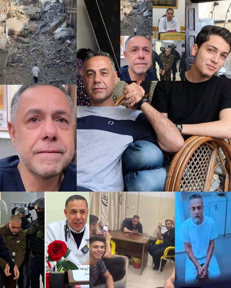 Palestinedaily1's tweet photo. Do you remember him?

The heroic director of Kamal Adwan Hospital, Dr. Hussam Abu Safiya — a historic symbol of courage, resilience, and humanity, shaped by the days and the hardships he endured.

They besieged him, injured him, pursued him, and threatened him.

His son, Ibrahim, was killed in an attempt to force the evacuation of Kamal Adwan Hospital. Dr. Hussam buried his son in the hospital courtyard, refused to abandon his patients, and returned to continue his medical and humanitarian duty.

He even refused to leave Gaza, despite holding another nationality along with his family.

He stood with a strength that even mountains could not withstand.

A kind heart.
An icon of resilience and integrity.

He was arrested and subjected to abuse after his voice grew hoarse from pleading with a silent world until the very end.

Free Dr. Hussam Abu Safiya.

This is a photograph of imprisoned doctor Hussam Abu Safiya beside his son Ibrahim, who was killed while we were under siege inside Kamal Adwan Hospital.

Today, Dr. Hussam remains detained in Israeli custody, facing ongoing allegations of torture and abuse. His family and supporters say this is the price he has paid for refusing to abandon his patients and continuing to provide medical care despite the siege, bombardment, and danger.

He was a doctor who carried a mission — and he paid for his commitment to that mission with his freedom, his safety, and the life he devoted to serving others.

His wife has made an urgent appeal to the world:

“Save my husband before it is too late. His only ‘crime’ was saving the wounded and treating the injuries of children.”

🔹 Dr. Hussam Abu Safiya, a doctor of humanity, behind bars for carrying out his humanitarian duty.

Do you remember Dr. Hussam Abu Safiya?

The director of Kamal Adwan Hospital, who remained beside his patients despite the siege, bombardment, and danger. He lost his son Ibrahim, then returned to continue his medical duty.

Dr. Hussam was detained in December 2024, and since then, there have been continued calls for transparency regarding the conditions of his detention and for his release.

A doctor who chose to stay beside his patients paid a heavy price with his freedom and safety.

Freedom for Dr. Hussam Abu Safiya.
Safety and protection for all doctors and patients in Gaza.

#HussamAbuSafiya #KamalAdwan #Gaza #DoctorOfHumanity #Palestine