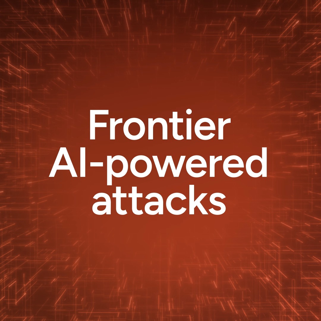 Text graphic with a red digital/tech background reading 'Frontier AI-powered attacks' in white.