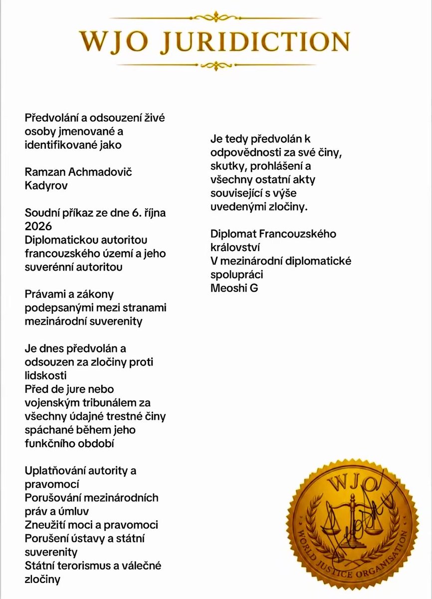 UNmeoshiG's tweet photo. Summons and Conviction of the Living Person Named and Identified as

Ramzan Akhmadovich Kadyrov

The WJO dated October 6, 2026
By the diplomatic authority of French territory and its sovereign authority
#Chechen #Czech #Chechnya #Kadyrov #republic #government #diplomacy #diplomat https://t.co/HvLFKYLNij