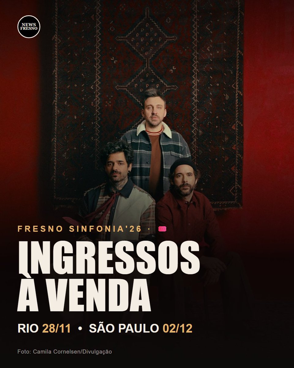 NewsFresno's tweet photo. 🎟️ Abriram as vendas do Fresno Sinfonia'26! RIO 28/11 (Fundição Progresso, pela Ingresse) e SP 02/12 (Sala São Paulo). Links oficiais: https://t.co/mRfiz7UOij
#Fresno #FresnoSinfonia26 https://t.co/2gbBYZcMsO