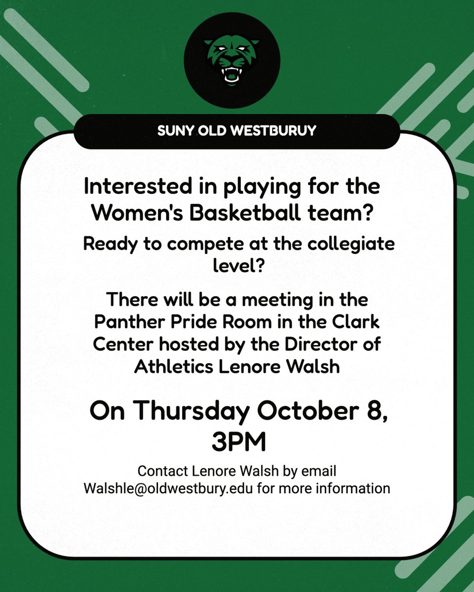 OW_Panthers's tweet photo. Interested in playing for SUNY Old Westbury Women’s Basketball? 

Join Director of Athletics Lenore Walsh to learn about competing at the collegiate level!
Panther Pride Room (Clark Center)
-Thu, Oct 8 @3 PM
-Details: Walshle@oldwestbury.edu
#PantherPride #OWAthletics #GoPanthers https://t.co/hcQ9Xub3YB