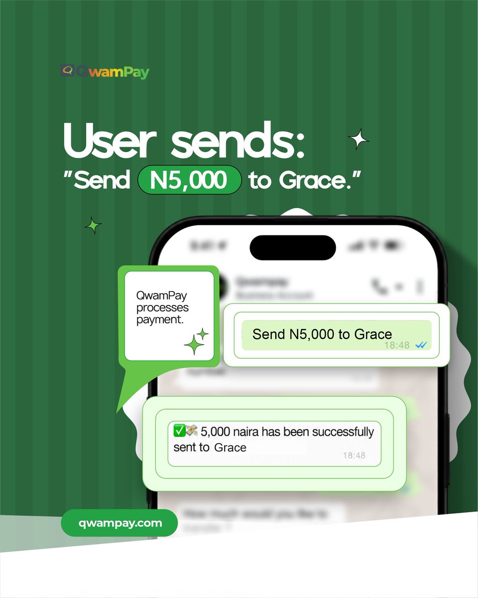 QwamPay's tweet photo. Your money has errands.
QwamPay can run them. 💚

One chat. Multiple money moves. 

QwamPay is launching soon 🚀. Click the link in bio to join our waitlist! 

#QwamPay #MoneyMadeEasy #FintechNigeria #BankingInWhatsApp #NigeriaTech https://t.co/20srDgvkr8