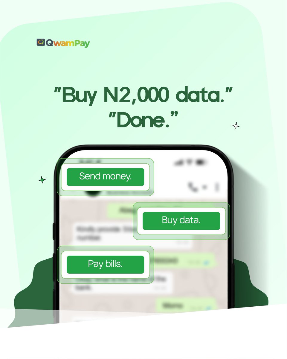 QwamPay's tweet photo. Your money has errands.
QwamPay can run them. 💚

One chat. Multiple money moves. 

QwamPay is launching soon 🚀. Click the link in bio to join our waitlist! 

#QwamPay #MoneyMadeEasy #FintechNigeria #BankingInWhatsApp #NigeriaTech https://t.co/20srDgvkr8