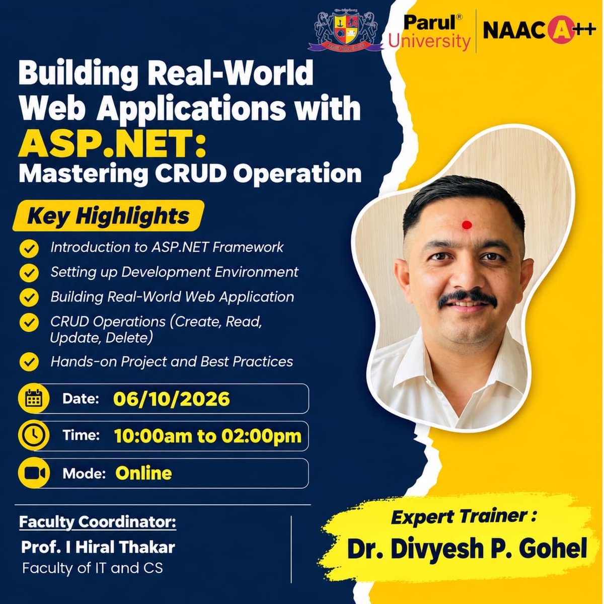 d_p_gohel's tweet photo. 🚀 From Code to Creation!
Honoured to conduct an Expert Session at Parul University on “Building Real-World Web Applications with https://t.co/KBjdQhPELx: Mastering CRUD Operations.” 💻🔥
#ParulUniversity #ASPNet #WebDevelopment #ExpertSession #CRUD https://t.co/g3iDvlknFs
