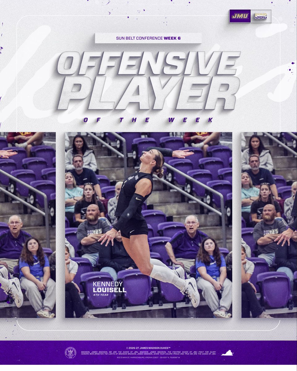 JMUVolleyball's tweet photo. Offensive Player of the Week 💪

Kennedy Louisell earns her second honor of the season after an impressive showing in Atlanta last week!

✅ .477 hitting over two matches 
✅ season high 31 kills (Friday)

📰 | https://t.co/Zi4lwq53YO

#GoDukes https://t.co/iTcmDcQWxY