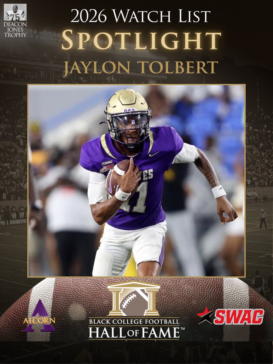 BCFHOF's tweet photo. Black College Football Player of the Year Spotlight:

Jaylon Tolbert, QB, Alcorn State

Jaylon is now the Division I passing yards leader through Week 5 with 1,882 yards. In Alcorn State’s most recent game against Grambling, Tolbert threw for 411 yards and 5 touchdowns. https://t.co/rtoNG3gHOp