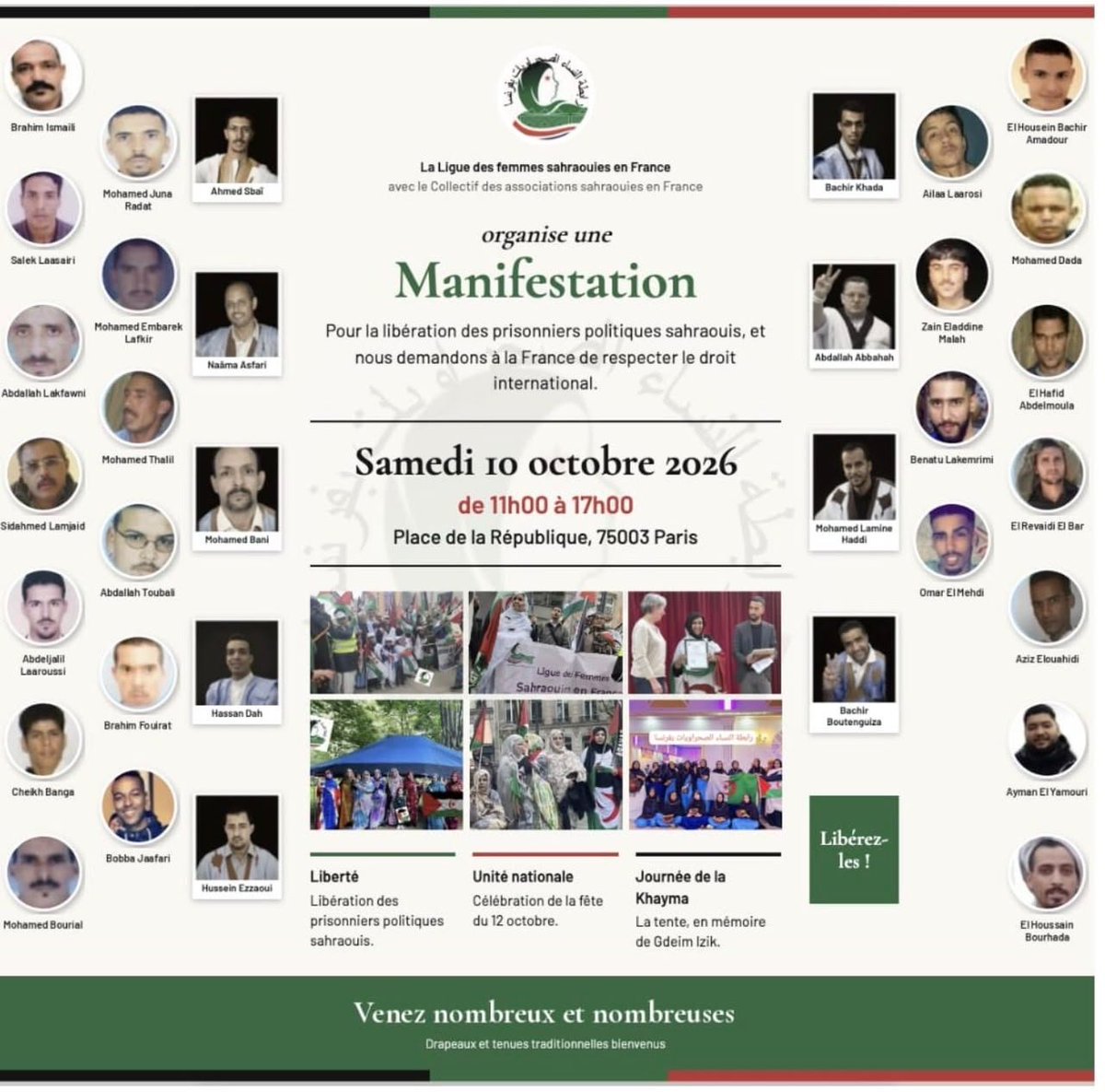 algatedz's tweet photo. 🔴Appels à manifester à #Paris🇫🇷 pour faire pression sur l’occupation #marocaine🇲🇦 afin d’obtenir la libération des prisonniers politiques #sahraouis🇪🇭 et demander à la #France🇫🇷 de respecter le droit international. https://t.co/qAmJezwUp0