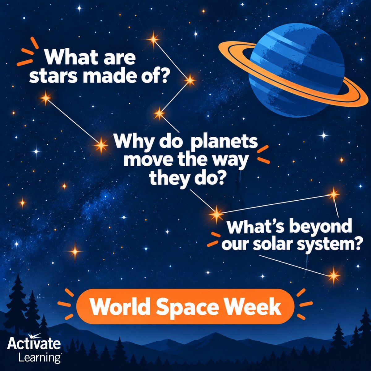 ActivateScience's tweet photo. It's World Space Week!

What are stars made of?
Why do planets move the way they do?
What's beyond our solar system?

Questions and investigation are essential to understanding space.

What space-related questions have your students found interesting?

#WorldSpaceWeek https://t.co/xAn32VMwq3