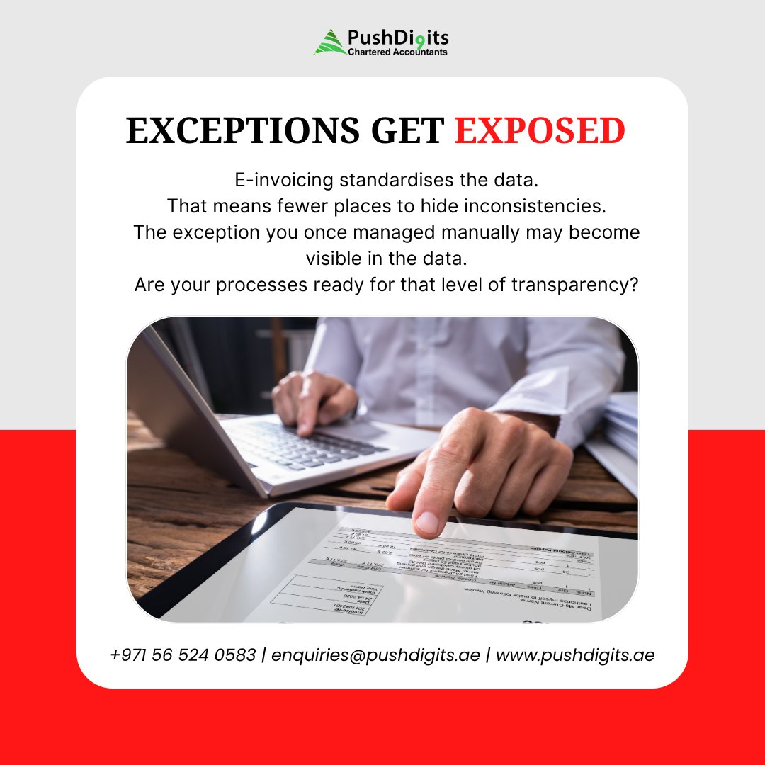 pushdigitsae's tweet photo. E-invoicing standardises the data.
That can make exceptions easier to see—and harder to explain away.
Is your process ready?
+971 56 524 0583 / +971 50 395 8931
enquiries@pushdigits.ae
https://t.co/zKUf7iebVU
#EInvoicing #UAEeInvoicing #TaxTechnology #UAEBusiness #PushDigits https://t.co/VAngNjGFla