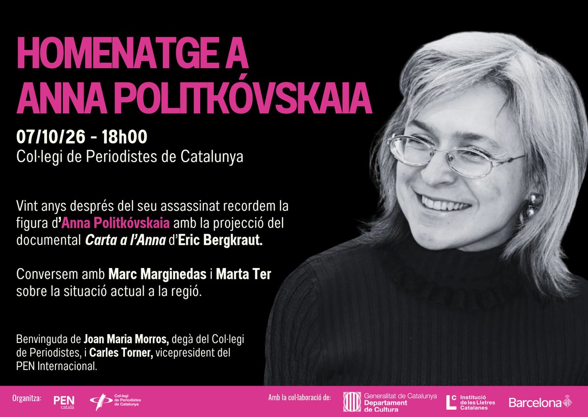 Jordi_Armadans's tweet photo. Vint anys de l'assassinat de la periodista russa independent Anna Politkóvskaia.

Sí o sí calia recordar-la i reivindicar-la. 

@PENCatala i @periodistes_cat organitzen aquest acte amb documental 'Carta a l'Anna' i @marcmarginedas Marta Ter, @Carles_Torner i Joan Maria Morros. https://t.co/MfAZbm8Xib