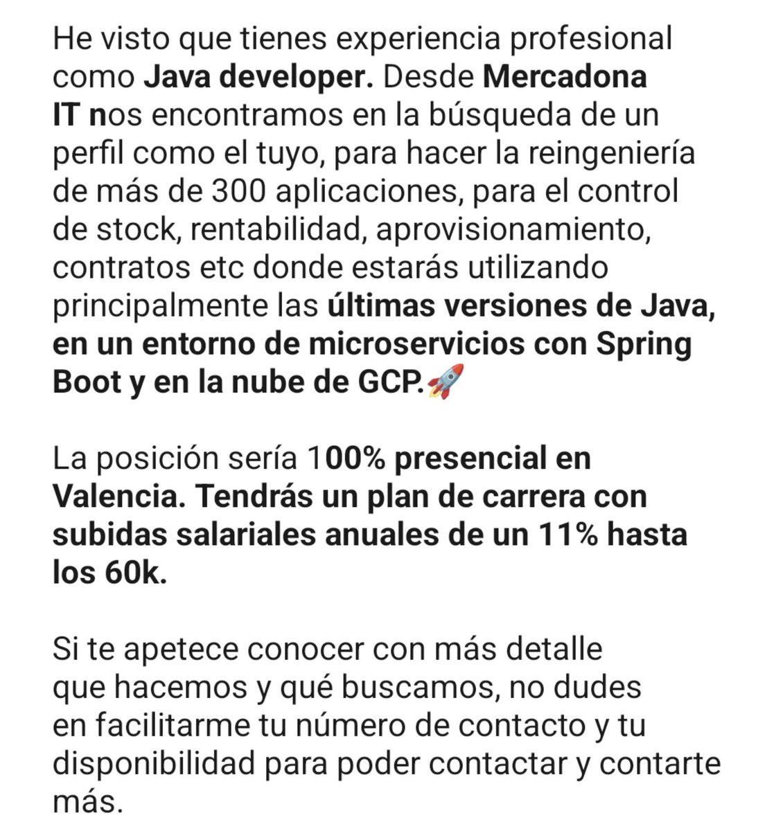 itssaizx's tweet photo. Me llega este mensaje de un recruiter de Mercadona.

Viviendo en Santander y cobrando 33k, ¿os irías a Valencia para cobrar más y trabajar 100% presencial?

Yo lo tengo claro, ni de coña. https://t.co/QgRut6DIzK