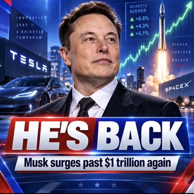 BlackSheltqw2's tweet photo. Elon Musk just surged past the $1 TRILLION mark again.

Tesla and SpaceX sent his fortune ripping higher, putting him back above $1,000,000,000,000.00

A trillion dollars.

That number still doesn’t even look real. https://t.co/c9Ia3QAjqh