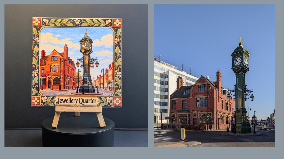 Ktphotouk's tweet photo. From photo to finished tile! Another in my series showing my original photograph alongside the tile it inspired: the Rose Villa Tavern and Chamberlain Clock in Birmingham’s Jewellery Quarter.
Available in my Etsy shop:
https://t.co/d2m4zpEQJd
#JewelleryQuarter #JQ https://t.co/WTQZb6Vpzt