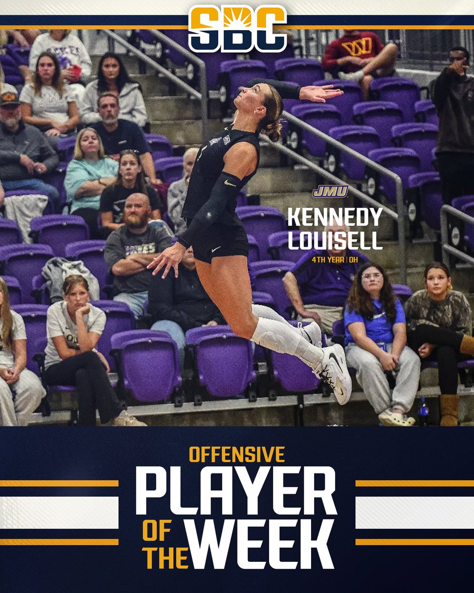 SunBelt's tweet photo. 𝗟𝗔𝗦𝗘𝗥 𝗟𝗢𝗨𝗜𝗦𝗘𝗟𝗟.

Kennedy Louisell from @JMUVolleyball tallied 49 kills with eight service aces and 22 digs as she recorded her 45th consecutive match with double digit kills to earn #SunBeltVB Offensive Player of the Week honors. ☀️🏐

📰 » https://t.co/aNBLcYc4We https://t.co/Y0Kc9X1vZp