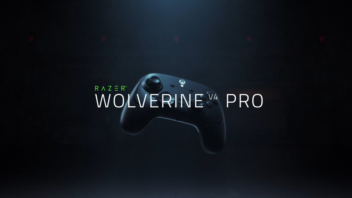 A Razer Wolverine V4 Pro gaming controller is showcased against a dark, dramatic background, with the product's name displayed prominently in white text alongside Razer's signature green logo, highlighting its ultra-precise sticks and pro-level design.