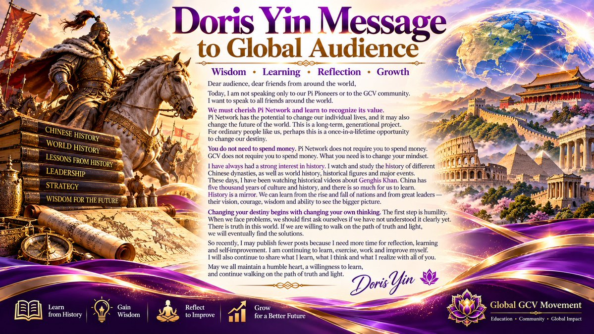 dorisyincpa's tweet photo. 🪷 Doris Yin Message to Global Audience

Dear friends from around the world,

Good morning!

Today, I am not speaking only to Pi Pioneers or the GCV community. I want to speak to all friends around the world.

I want to share one simple message:

We must cherish Pi Network and learn to recognize its value.

In my view, Pi Network is a long-term, generational project. It may be one of the rare opportunities in our lifetime that could change the destiny of ordinary people.

And the most important thing is:

You do not need to spend money.

Pi Network does not require you to spend money.
GCV does not require you to spend money.

What we need is to change our mindset.

For many years, I have been sharing what I have learned, experienced, and realized. I am simply planting seeds of wisdom.

If you are willing to receive these seeds, you can begin changing yourself.

Changing our destiny begins with changing our thinking.

And I believe the first step is humility.

When we face something we do not understand, we should not immediately assume that others are wrong. We should first ask ourselves:

“Maybe I have not understood it clearly yet.”

A wise person continues to learn, reflect, and improve.

I also believe there is truth in this world. If we are willing to follow the path of truth and light, we can find solutions to many problems.

Over the past four or five years, I have been extremely busy working, learning, sharing, and helping the community.

But now I also realize that we cannot only move forward externally. We must also look within ourselves.

That is why I am giving myself more time for reflection, learning, and personal growth.

I have always loved history. I study different Chinese dynasties, historical figures, and major historical events. These days, I have been watching historical videos about Genghis Khan, but this is part of my long-term habit of studying history.

History is a mirror.

It helps us understand why people, countries, and civilizations rise and decline. It teaches us about vision, courage, wisdom, character, and the importance of seeing the bigger picture.

We do not study history to live in the past.

We study history so that we can understand the present and walk toward the future with greater wisdom.

So during this period, I may publish fewer posts and videos.

That does not mean I have stopped moving forward.

I am preparing myself for the next stage.

I will continue to learn, practice, improve myself, and share what I learn and realize with all of you.

Because I believe:

When we continuously improve ourselves, we become more capable of helping others.

May all of us remain humble, continue learning, and keep walking on the path of truth and light.

Thank you, everyone.

Doris Yin
Founder & Chairperson
Global GCV Movement