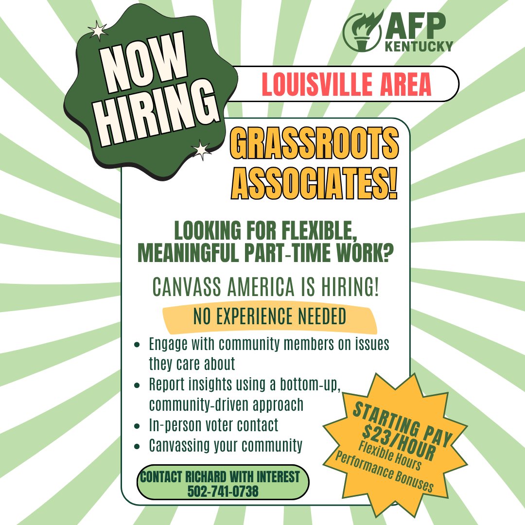 AFPKentucky's tweet photo. Yes, you read that right! Enjoy the beauty of the Commonwealth and better your community one door at a time! ☀️

JOIN THE FIGHT!🇺🇸

Canvass America is looking for hardworking individuals to go door-to-do in zip codes surrounding Louisville, KY. Reach out to Richard for questions and interest (502)741-0738.