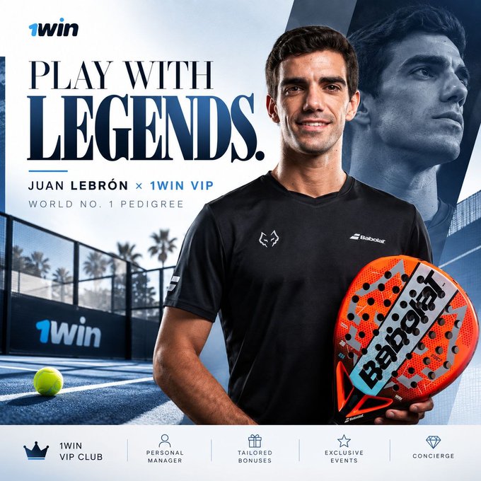 A 1win advertisement featuring padel player Juan Lebrón holding a Babolat racket with "PLAY WITH LEGENDS" and "JUAN LEBRÓN x 1WIN VIP WORLD NO. 1 PEDIGREE" text, including icons for VIP club, personal manager, tailored bonuses, exclusive events, and concierge.