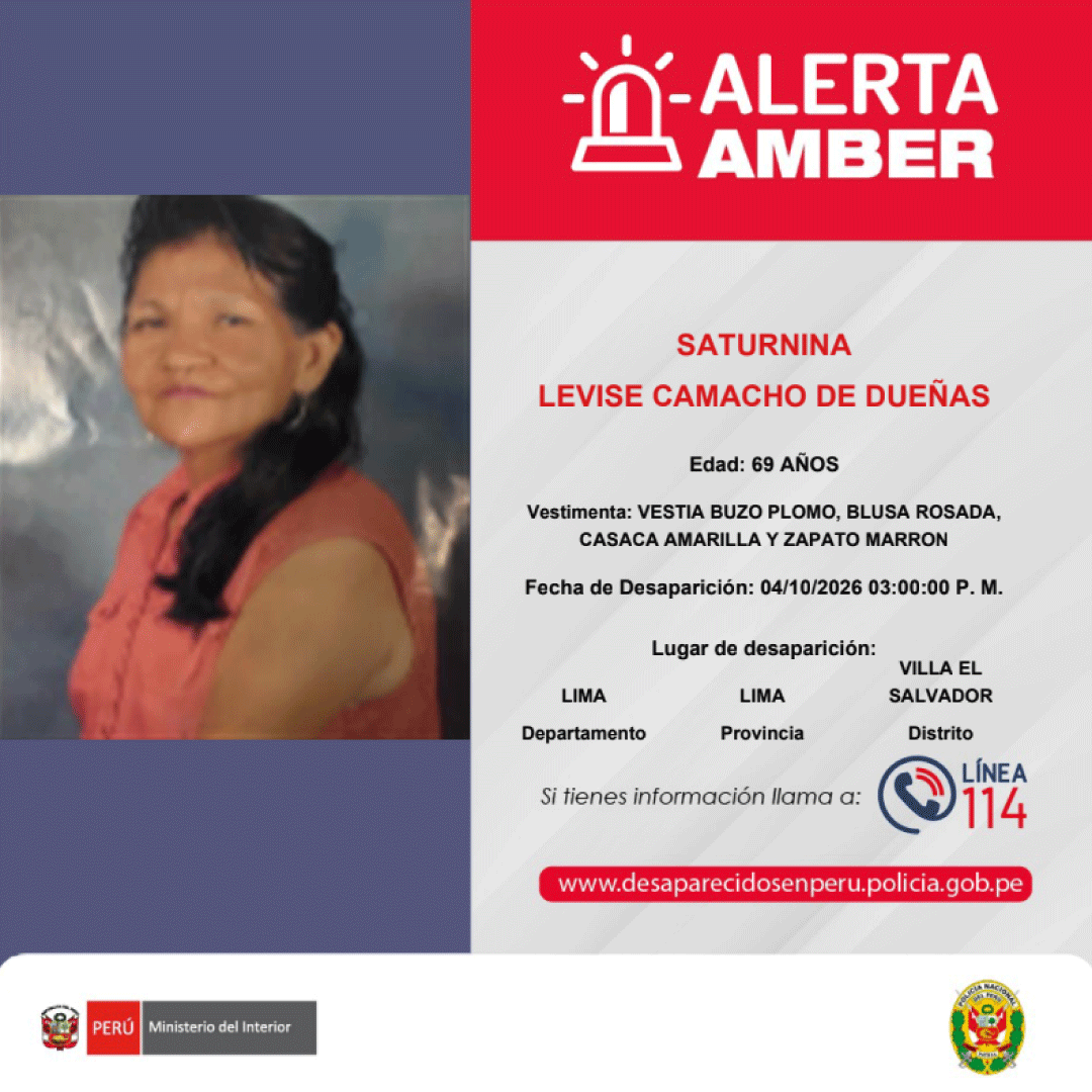 SERVIR_PERU's tweet photo. 🚨 #AlertaAmber | 🔎 Compartimos estas alertas de la @PoliciaPeru.
 
▶️ GABRIELA HUACHO BARSAYA
▶️ PAOLO ROLANDO OLIVARES ARCE
▶️ SATURNINA LEVISE CAMACHO DE DUEÑAS
▶️ MARCELINO GONZALES SIFUENTES

📞 Si tienes información, comunícate de inmediato con la #Línea114. https://t.co/Pi1jzchbUD