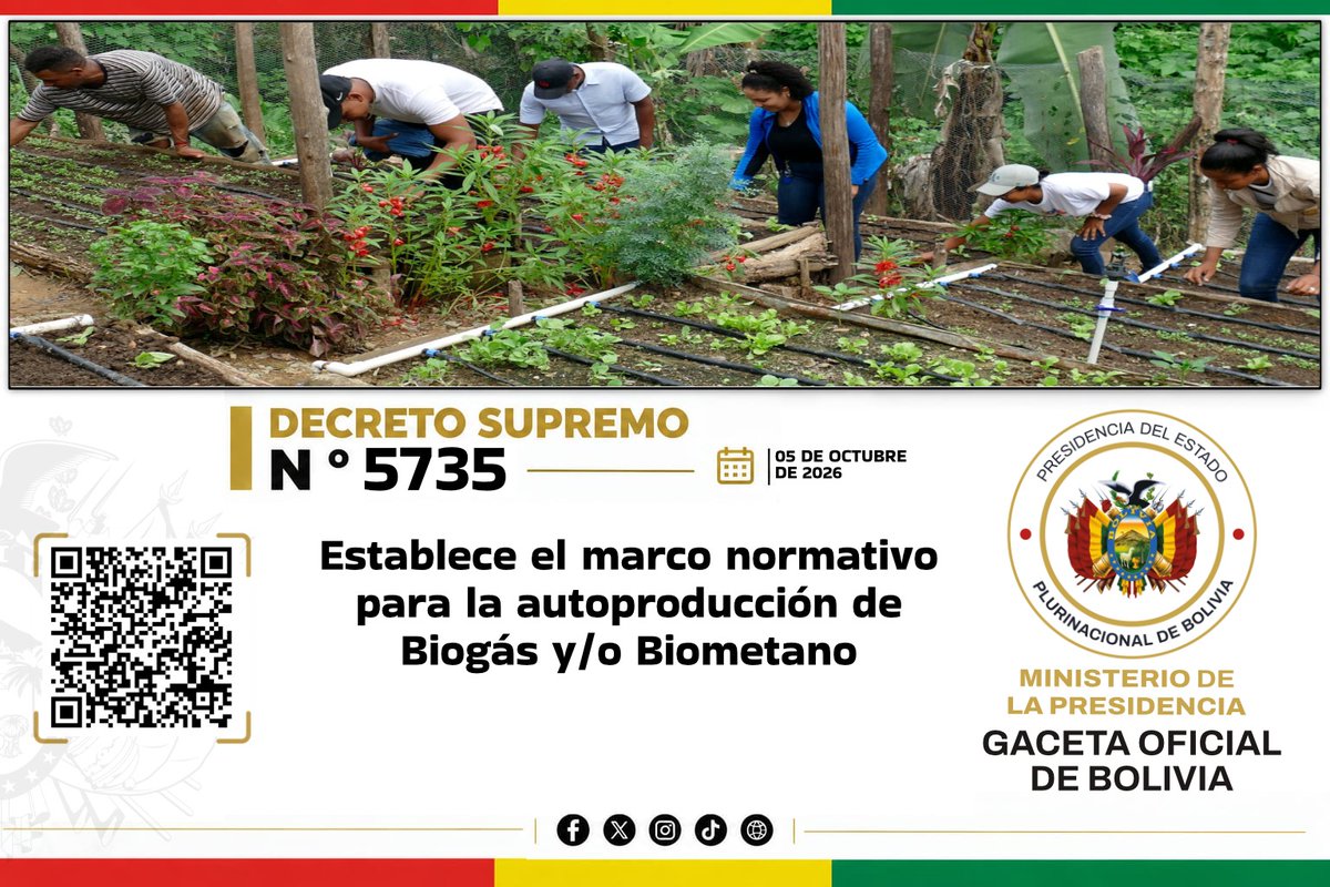 GacetOf_Bolivia's tweet photo. La #GacetaOficialDeBolivia pone a disposición el #DecretoSupremoN5735 de 05 de octubre de 2026, para su consulta y conocimiento.
https://t.co/eloAtBunFf
Escanea el código QR para acceder al decreto directamente. https://t.co/wtbxFdpoOV