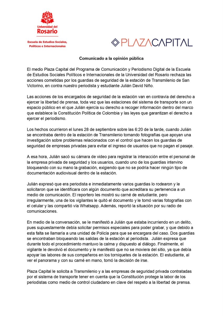 UltimaHoraCR's tweet photo. #Actualidad | La Universidad del Rosario denunció que su estudiante y periodista Julián David Niño fue detenido por guardias de TransMilenio en San Victorino mientras realizaba un trabajo periodístico. Según la denuncia, le exigieron dejar de grabar, fotografiaron su documento y habrían bloqueado su salida. La Universidad exige a TransMilenio investigar lo ocurrido y garantizar la libertad de prensa.