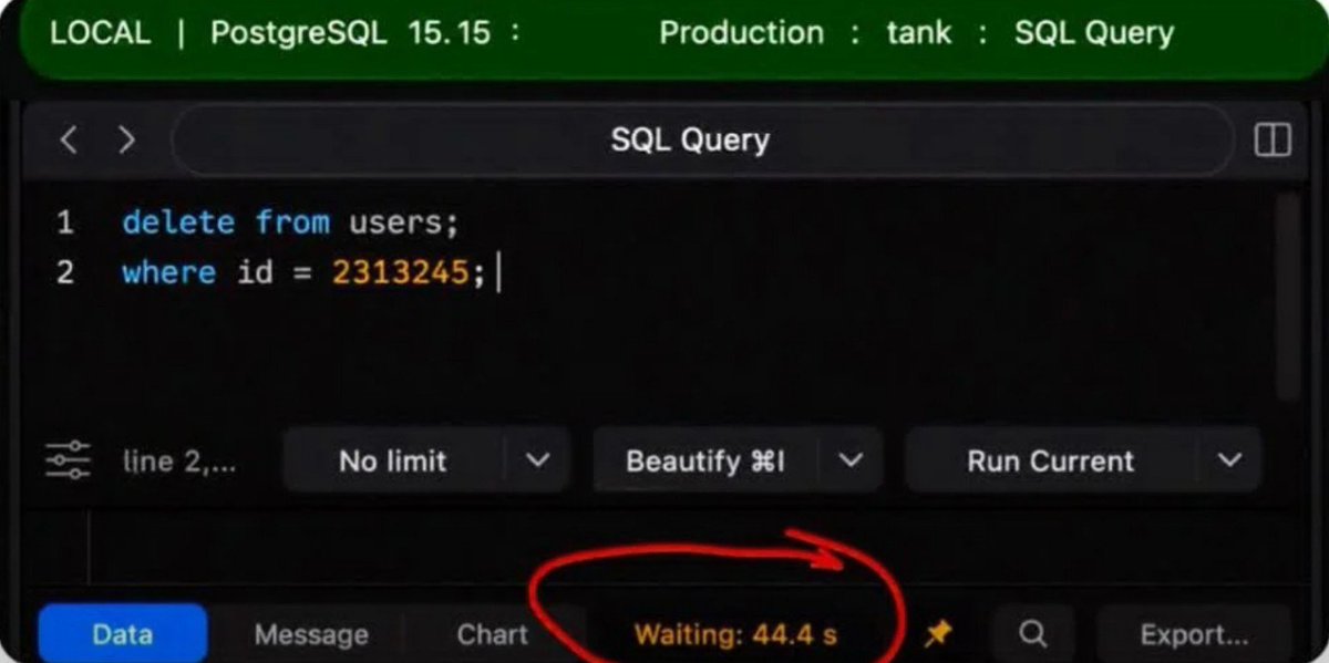 Smitha_codes's tweet photo. When the DELETE query has been running for 45 seconds and you suddenly remember there’s a WHERE clause 💀
What do you think is actually causing the delay? https://t.co/JL6AgnE3g1