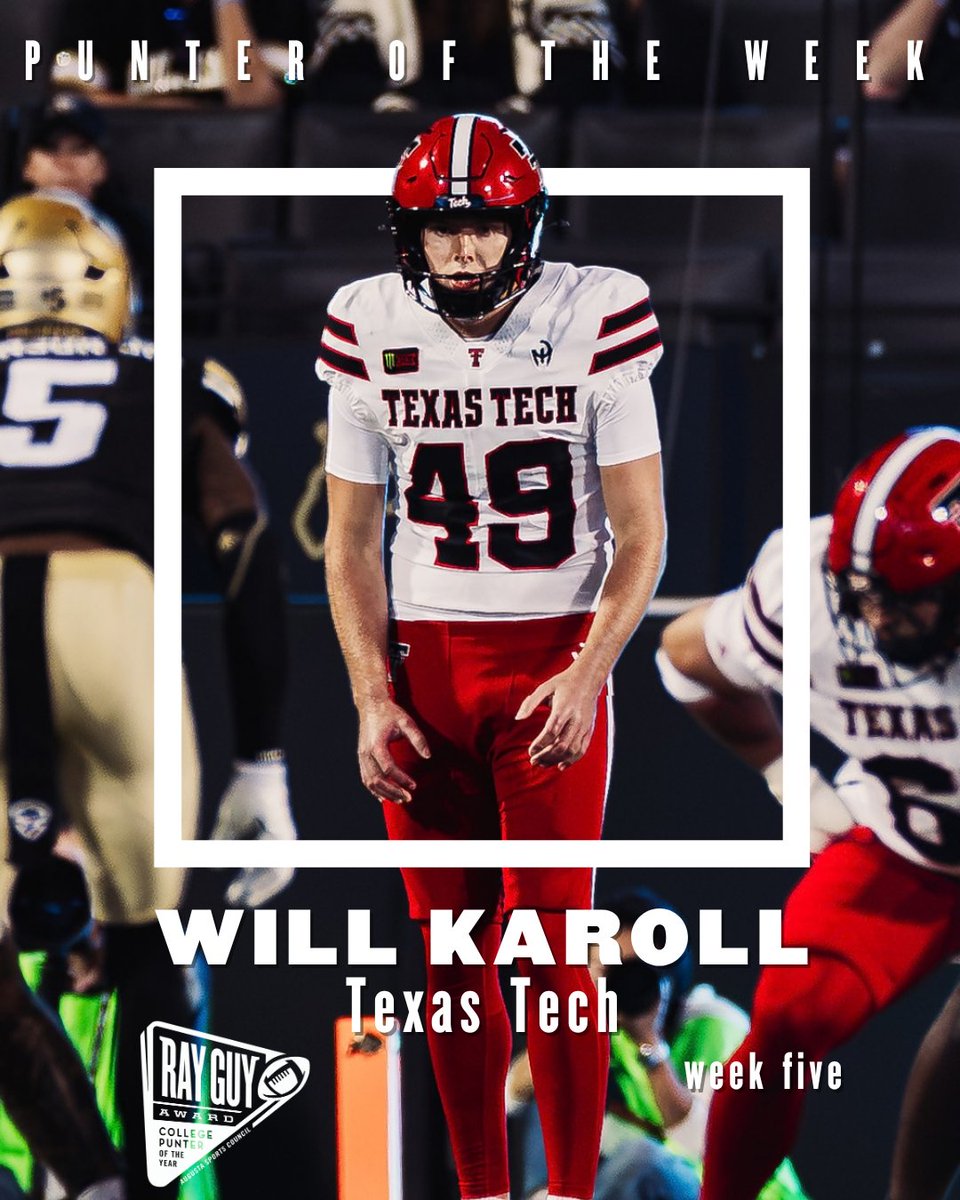 RayGuyAward's tweet photo. #OURGUY Week Five:
𝐖𝐢𝐥𝐥 𝐊𝐚𝐫𝐨𝐥𝐥, @TexasTechFB 

📰: https://t.co/er9YKu17ht

#RayGuyAward | #RGA https://t.co/pQXHmnlzaP