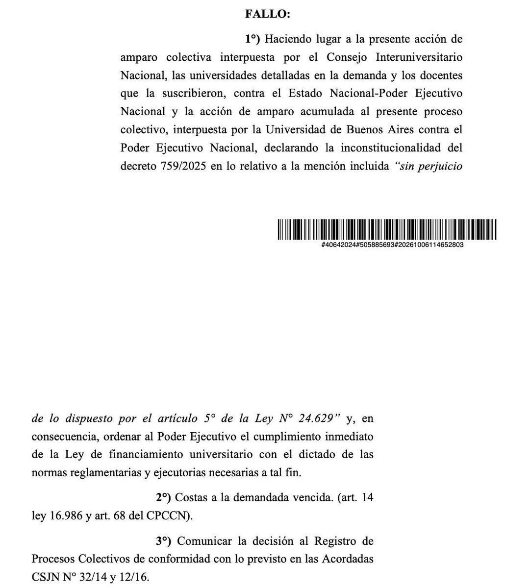 Juli_Strada's tweet photo. Ya no hay excusas: Milei tiene que cumplir la Ley de Financiamiento Universitario. ENTERA. 

El juez Cormick falló hoy y le dio la razón al Consejo Interuniversitario Nacional en su demanda para que se cumpla la Ley de Financiamiento Universitario y declara la inconstitucionalidad del decreto 759 de Milei que dice que no hay plata para cumplir.

Dejo aquí la captura con el fallo: