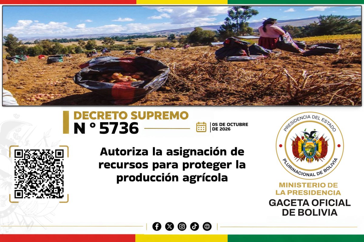 GacetOf_Bolivia's tweet photo. La #GacetaOficialDeBolivia pone a disposición el #DecretoSupremoN5736 de 05 de octubre de 2026, para su consulta y conocimiento.
https://t.co/eloAtBunFf
Escanea el código QR para acceder al decreto directamente. https://t.co/7VLzaIk6gr